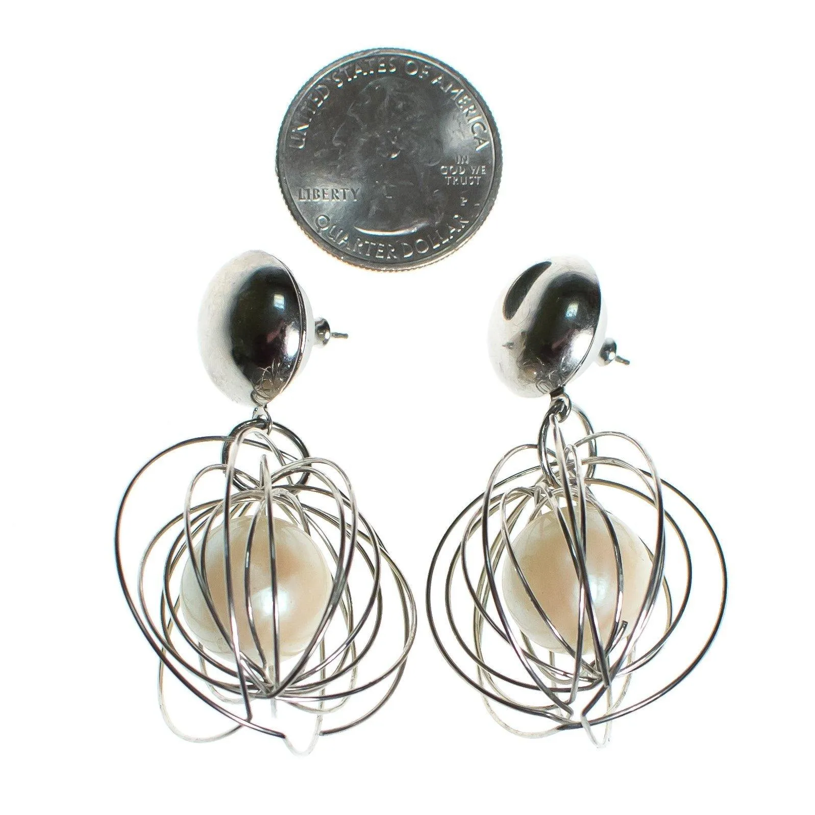 Vintage Mod Silver Caged Pearl Dangling Statement Earrings