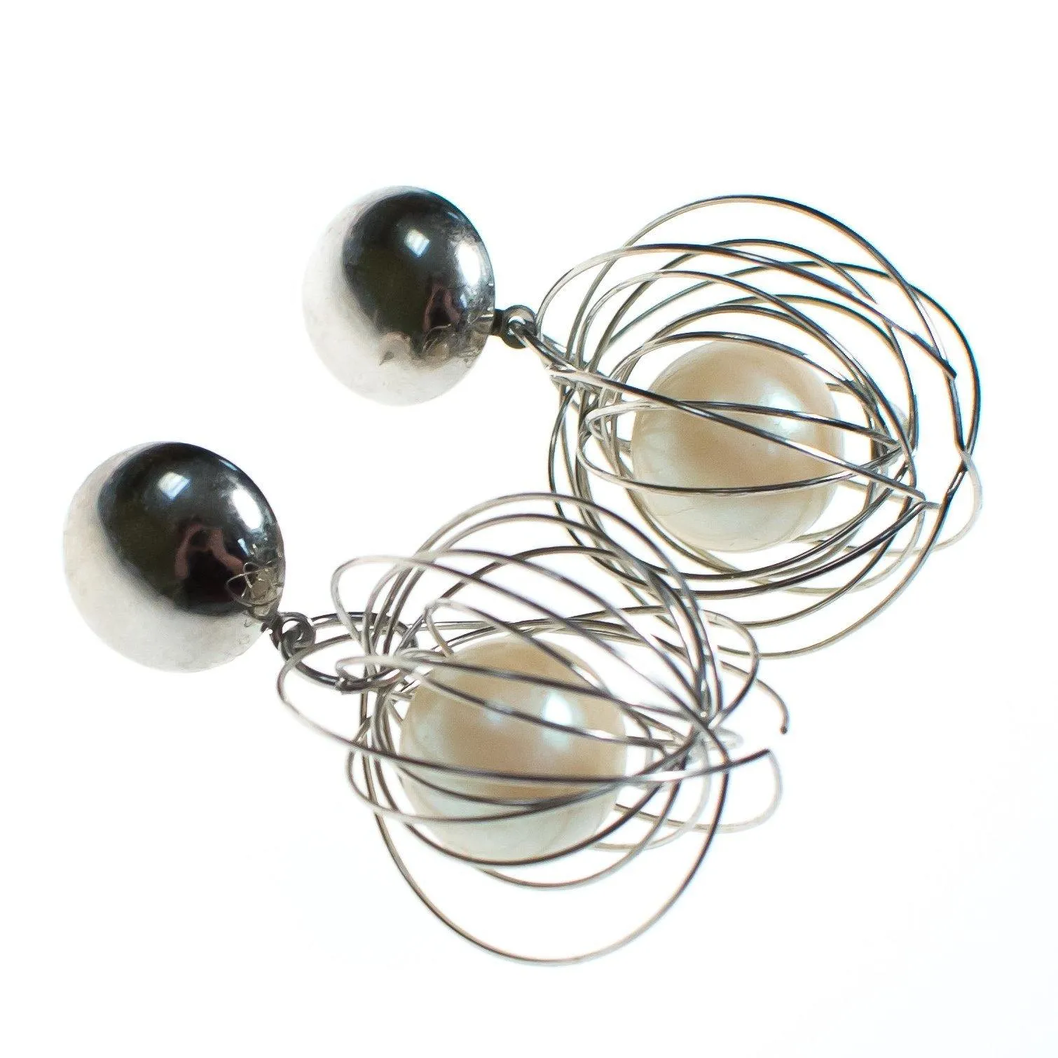 Vintage Mod Silver Caged Pearl Dangling Statement Earrings