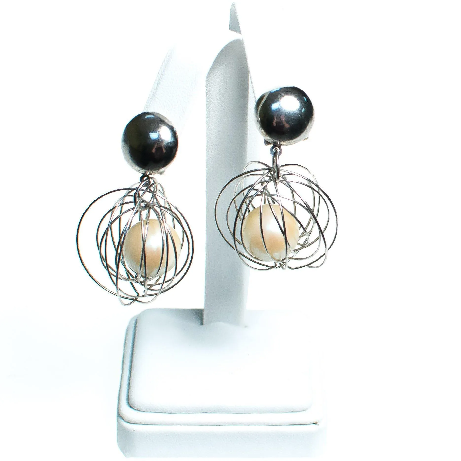 Vintage Mod Silver Caged Pearl Dangling Statement Earrings