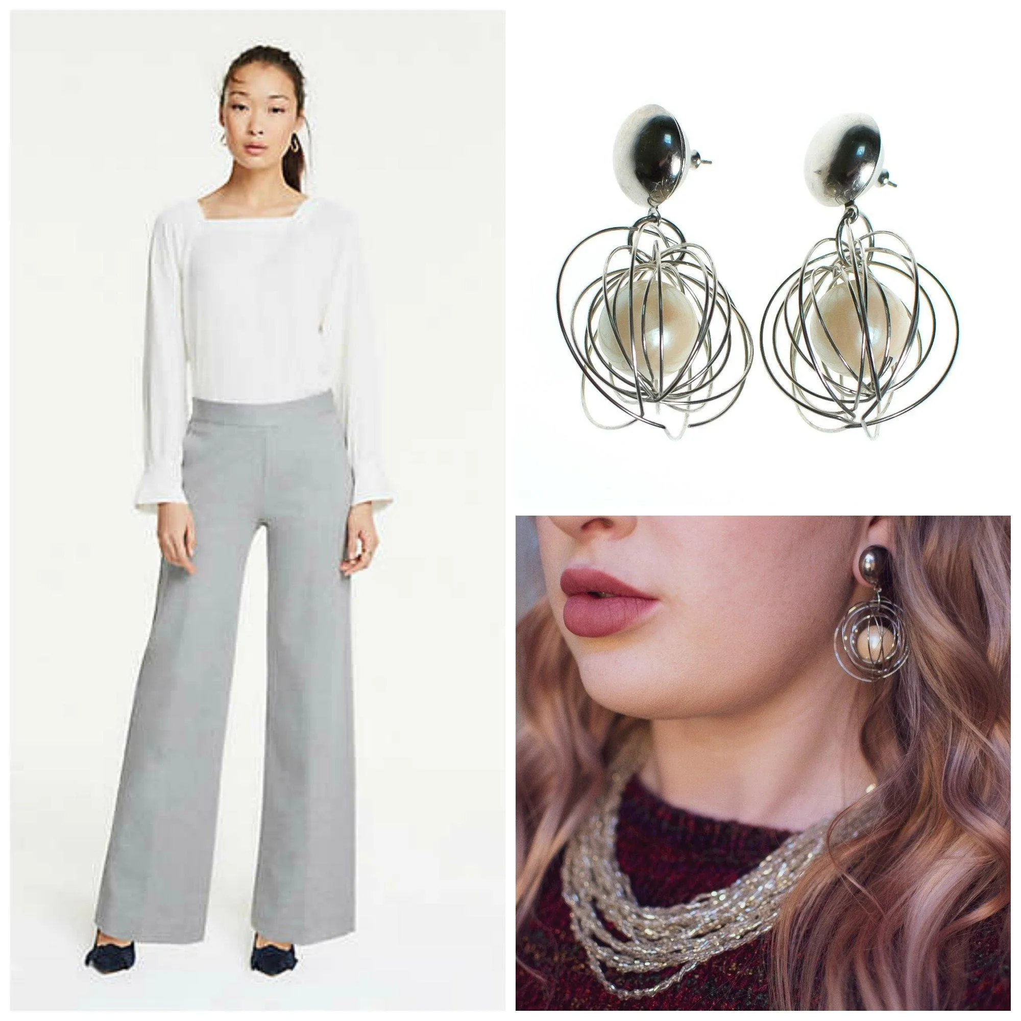 Vintage Mod Silver Caged Pearl Dangling Statement Earrings