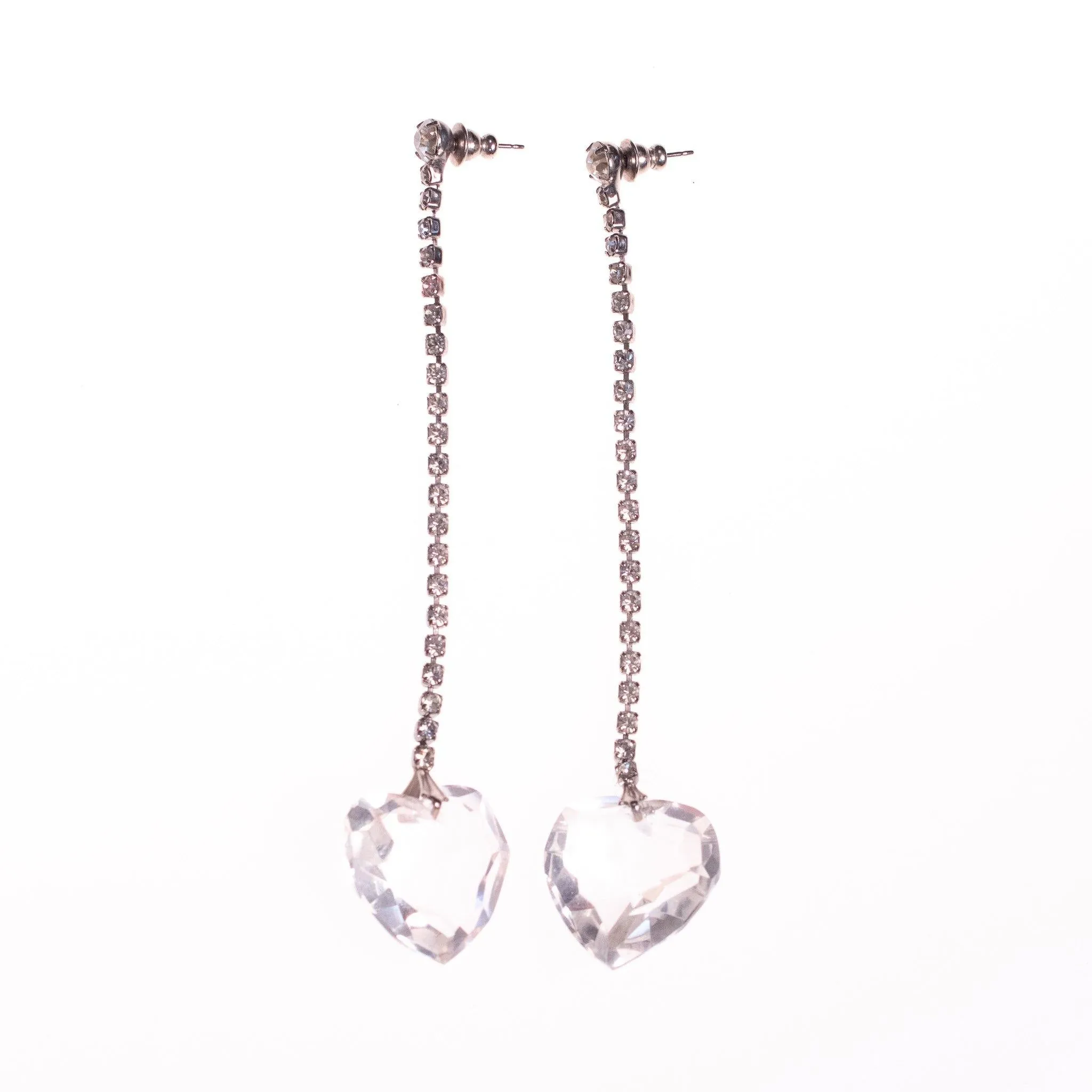 Vintage Rhinestone and Crystal Heart Shoulder Duster Statement Earrings