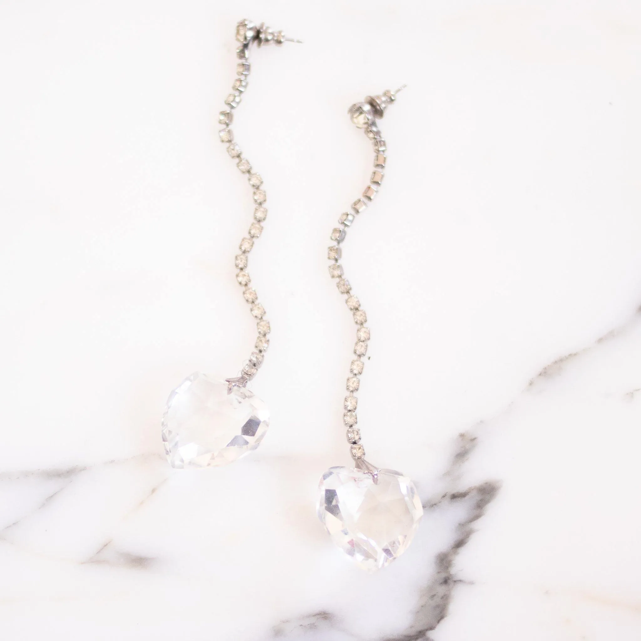Vintage Rhinestone and Crystal Heart Shoulder Duster Statement Earrings