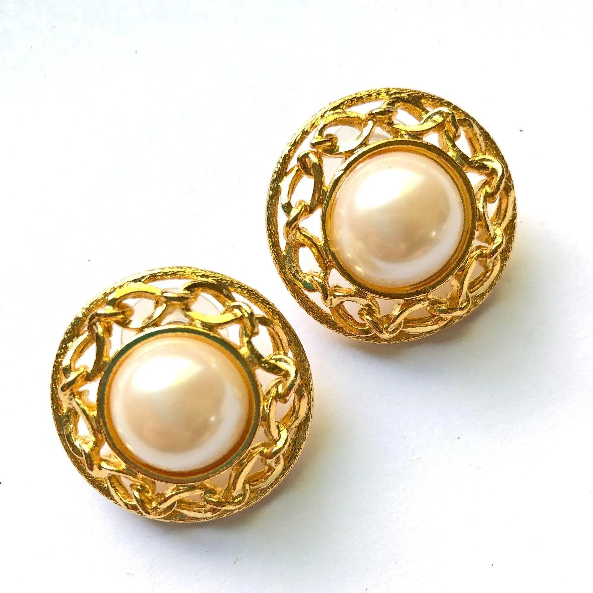 Vintage Round Pearl and Gold Statement Earrings