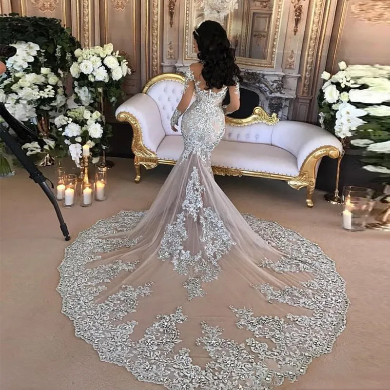 Vintage Silver Lace Mermaid Wedding Dress with Long Sleeves High Neck