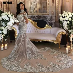 Vintage Silver Lace Mermaid Wedding Dress with Long Sleeves High Neck