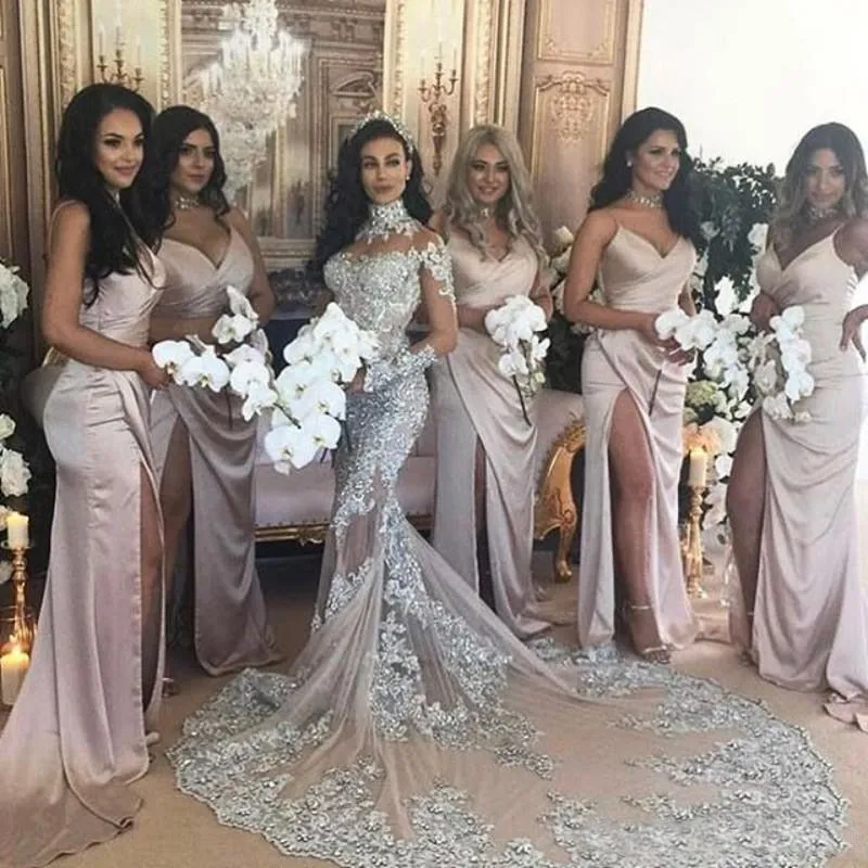 Vintage Silver Lace Mermaid Wedding Dress with Long Sleeves High Neck