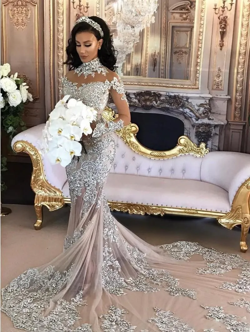 Vintage Silver Lace Mermaid Wedding Dress with Long Sleeves High Neck