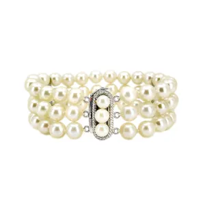 Vintage Triple Strand Japanese Saltwater Akoya Cultured Pearl Bracelet- Sterling Silver