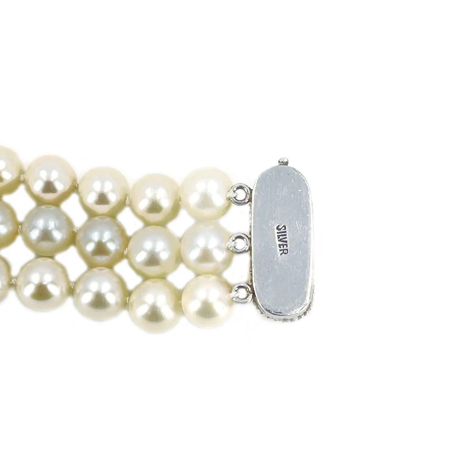 Vintage Triple Strand Japanese Saltwater Akoya Cultured Pearl Bracelet- Sterling Silver
