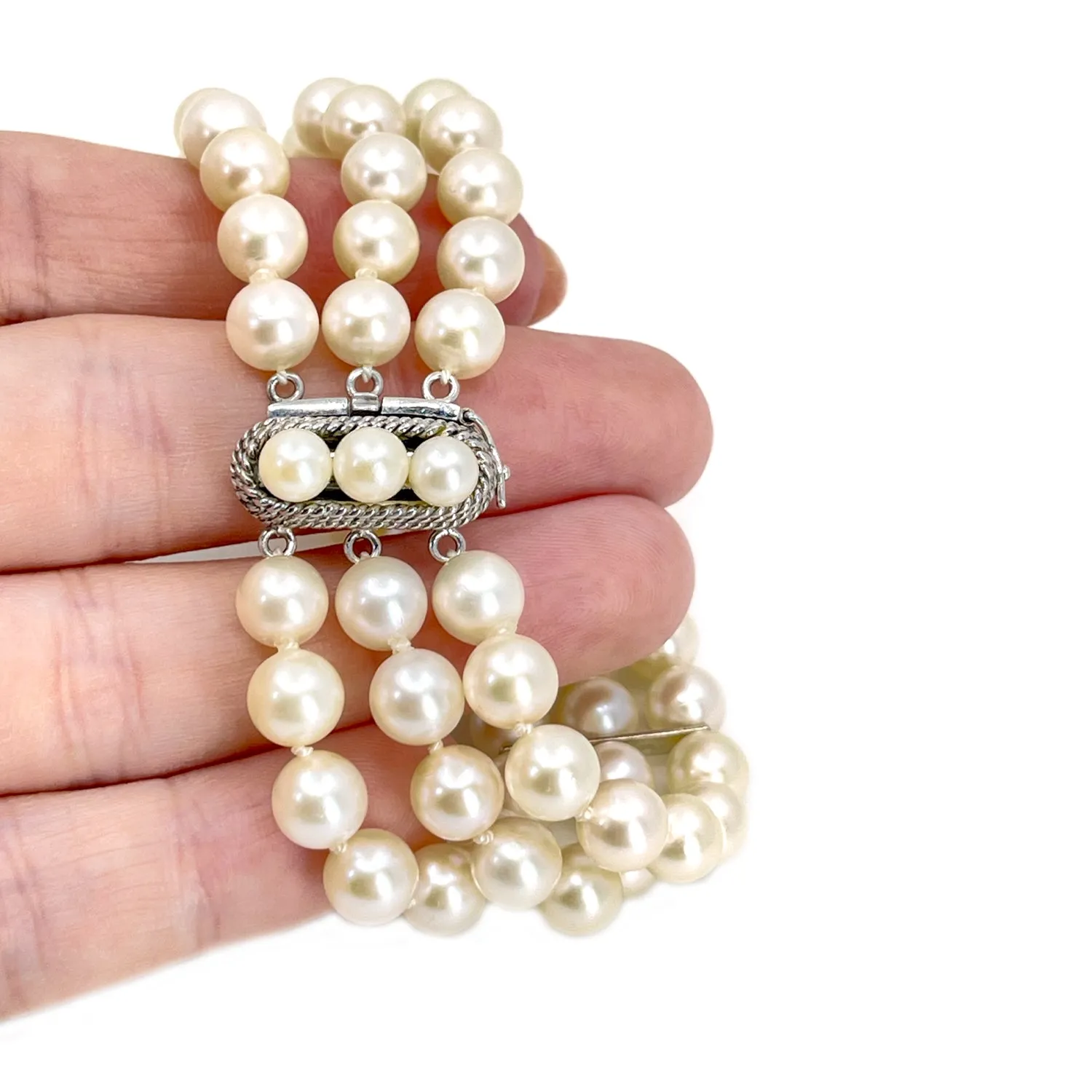 Vintage Triple Strand Japanese Saltwater Akoya Cultured Pearl Bracelet- Sterling Silver