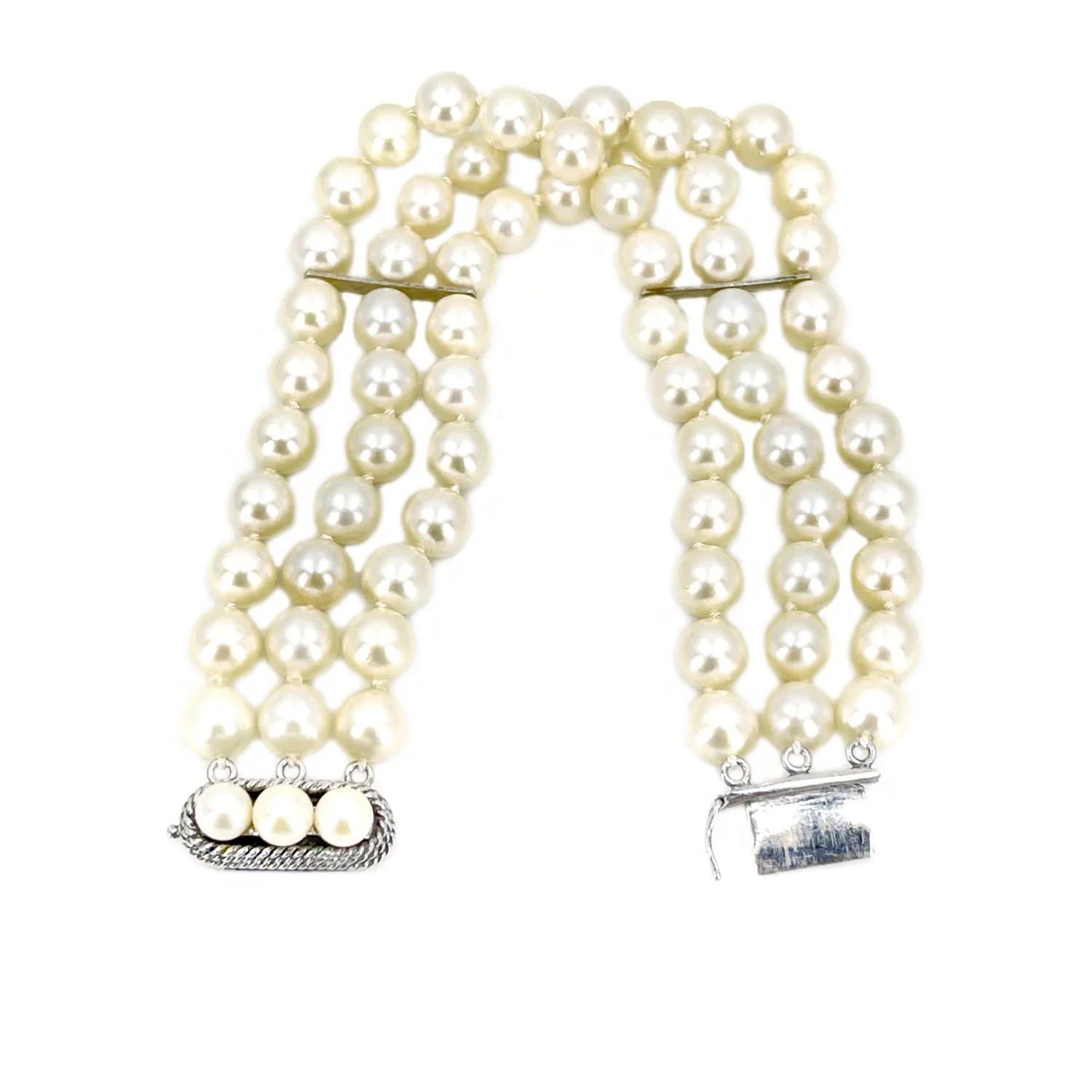 Vintage Triple Strand Japanese Saltwater Akoya Cultured Pearl Bracelet- Sterling Silver