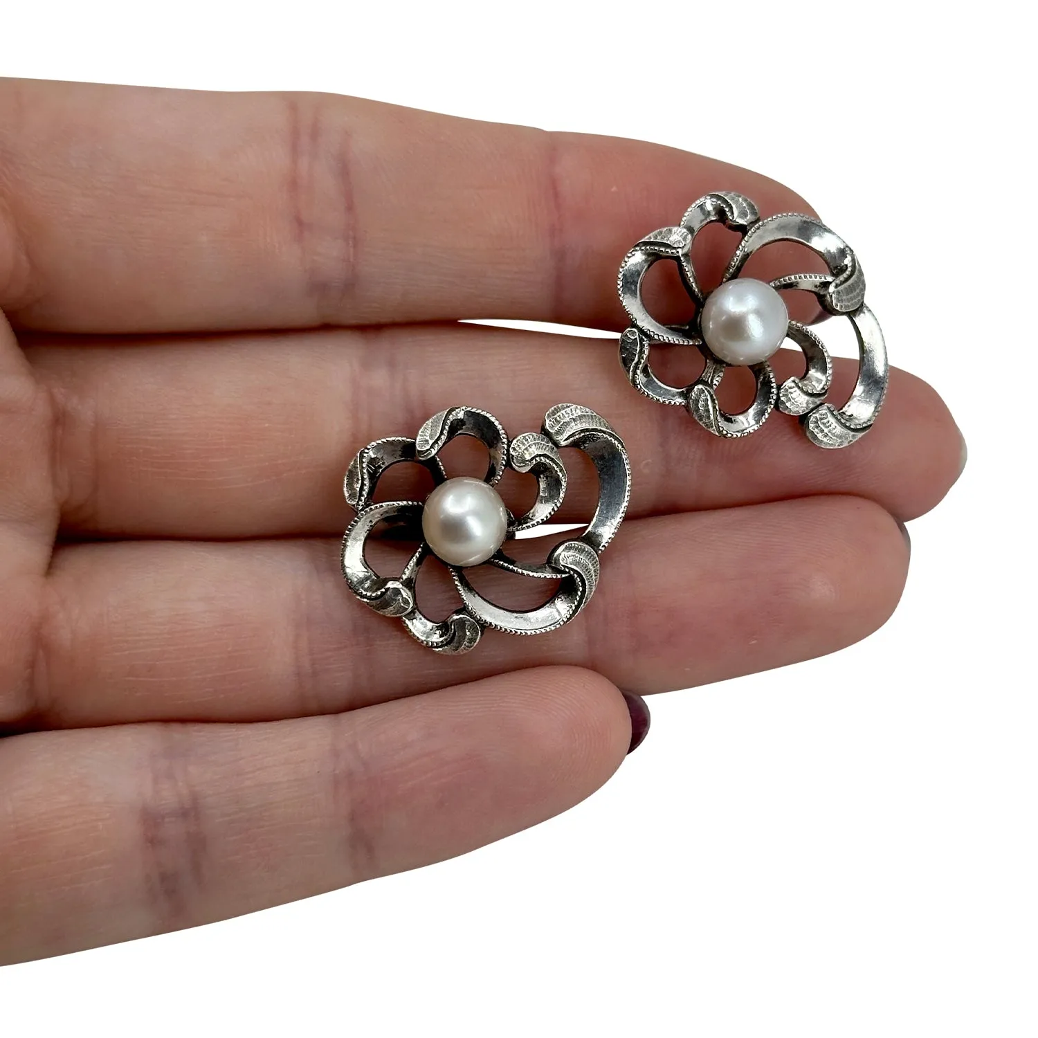 Vintage WWII CPO Japan Saltwater Akoya Cultured Pearl Abstract Flower Screwback Earrings- Sterling Silver