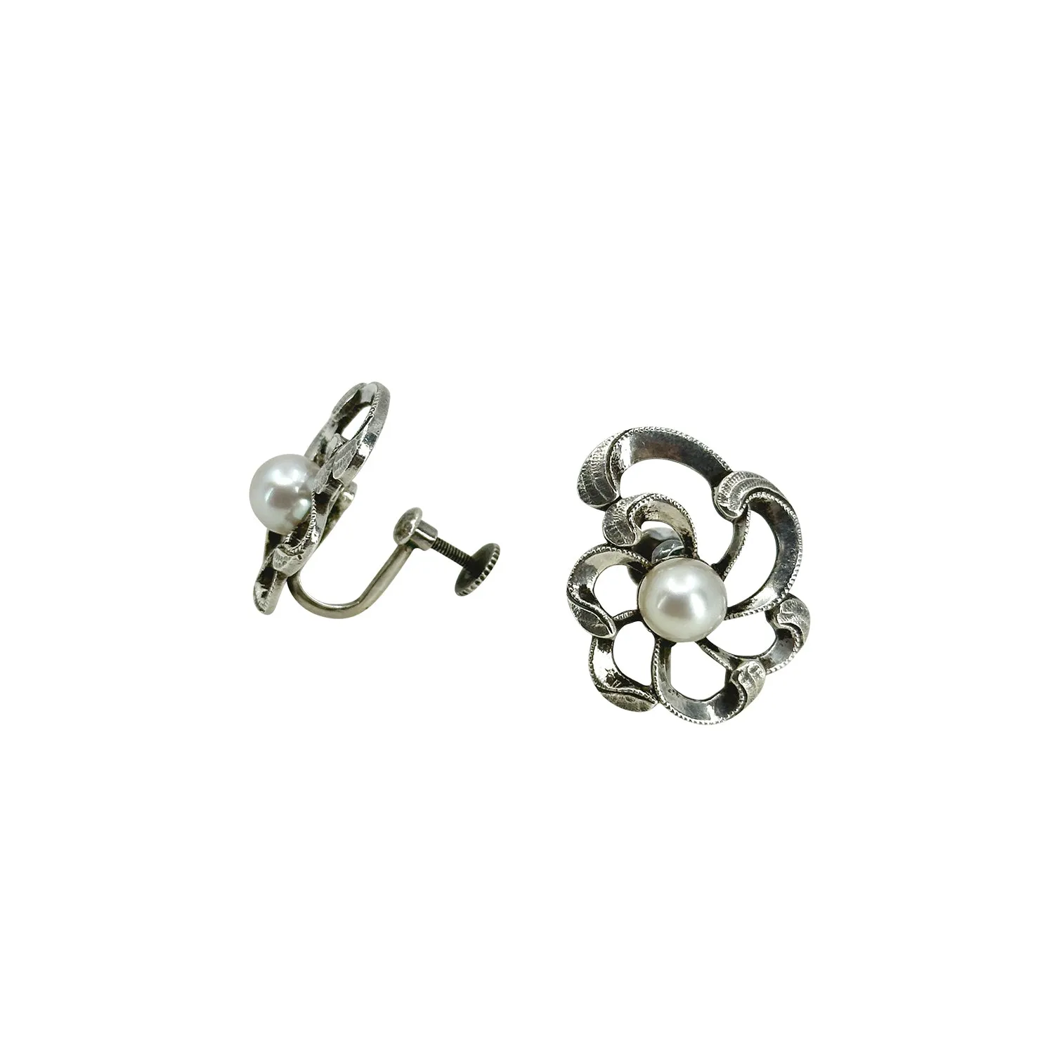 Vintage WWII CPO Japan Saltwater Akoya Cultured Pearl Abstract Flower Screwback Earrings- Sterling Silver