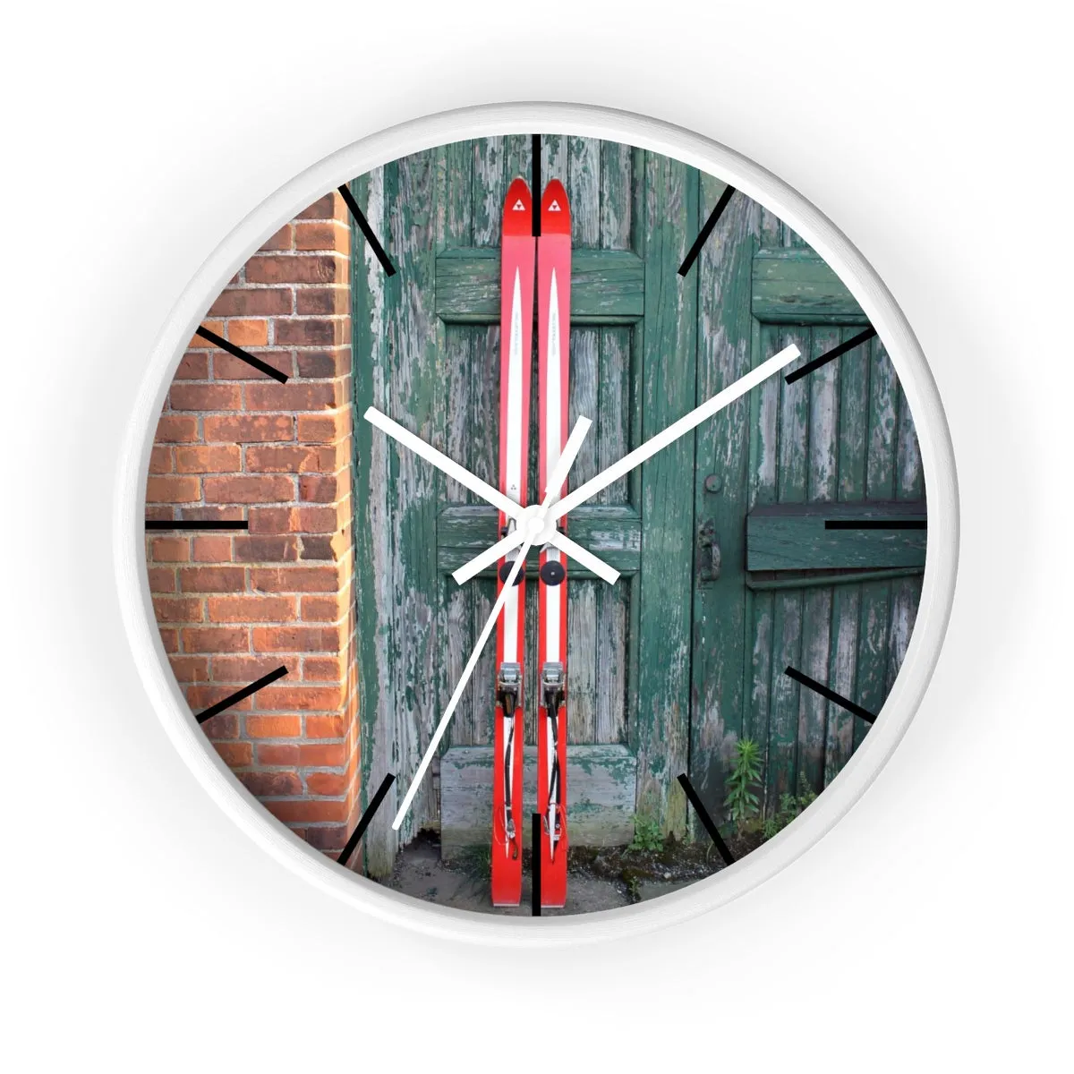 Wall Clock - Red Skis and Green Door