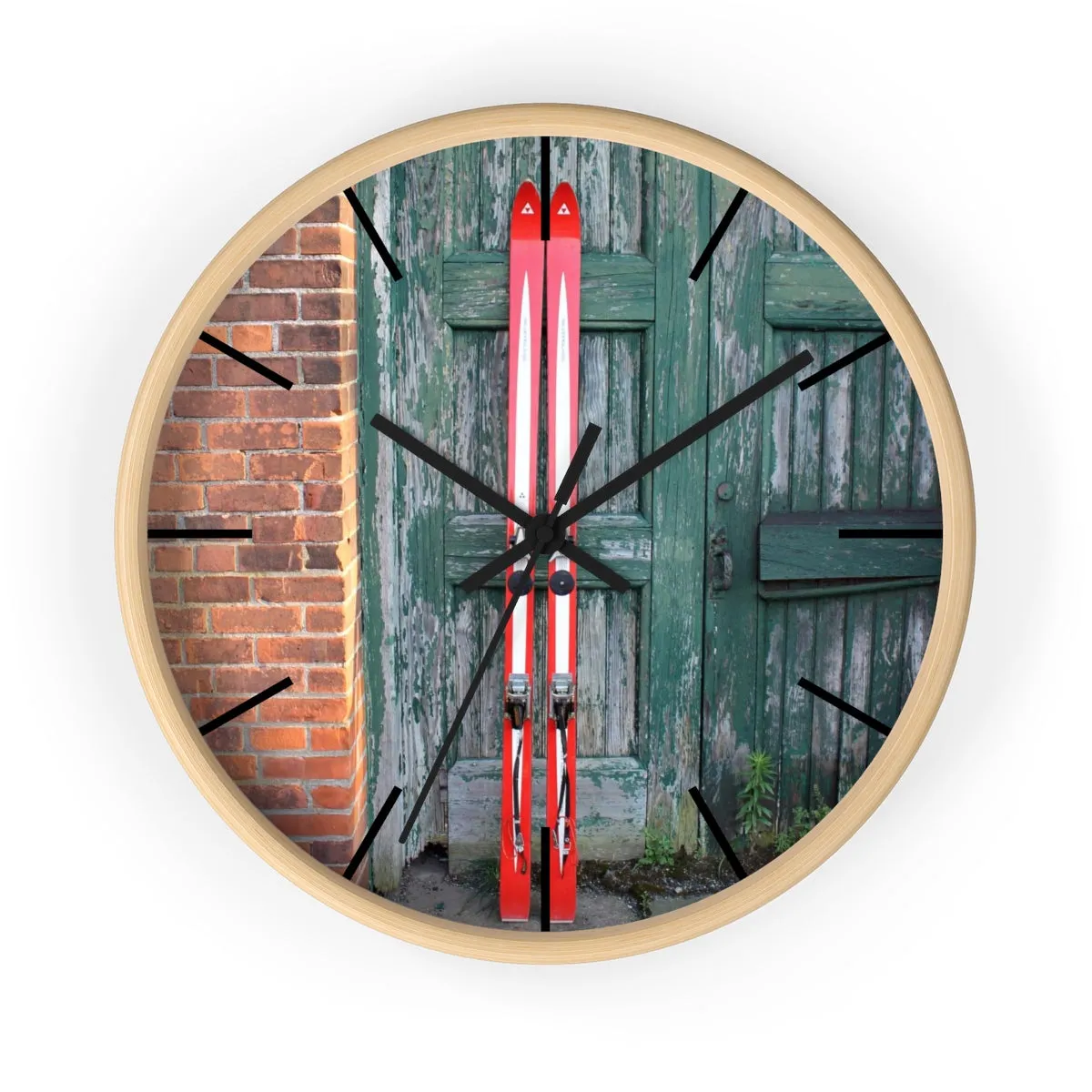 Wall Clock - Red Skis and Green Door