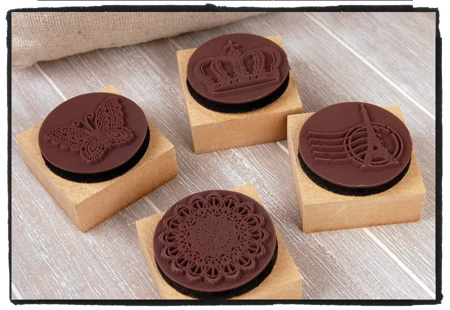 Wood mounted Rubber Stamp - Crowns, Eiffel towers, butterfly & lace illustration