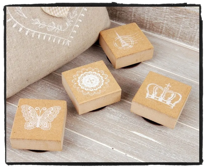 Wood mounted Rubber Stamp - Crowns, Eiffel towers, butterfly & lace illustration