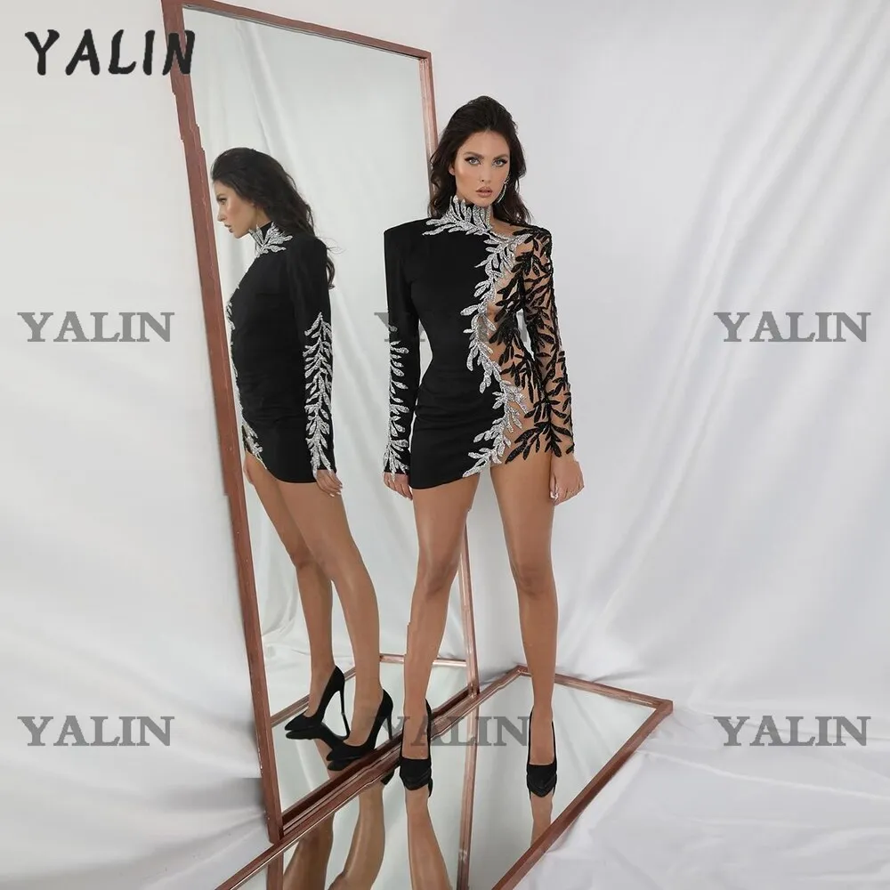 YALIN Black Long Sleeves See Thru Mini Length Dress